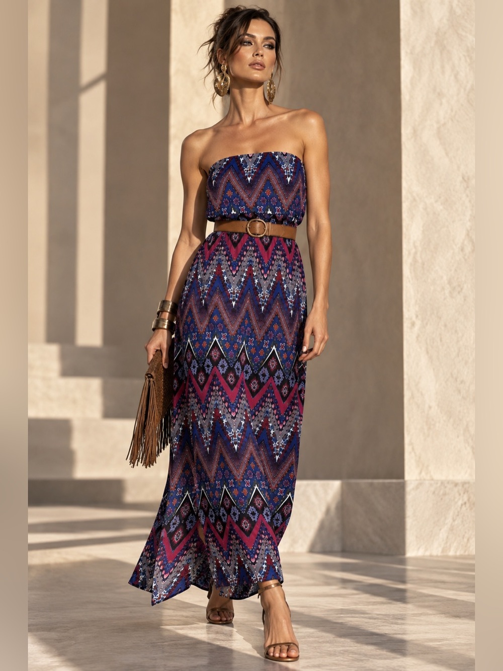Strapless Smocked Maxi Dress Women M Pink Blue Chevron Tube Beach Resort Boho